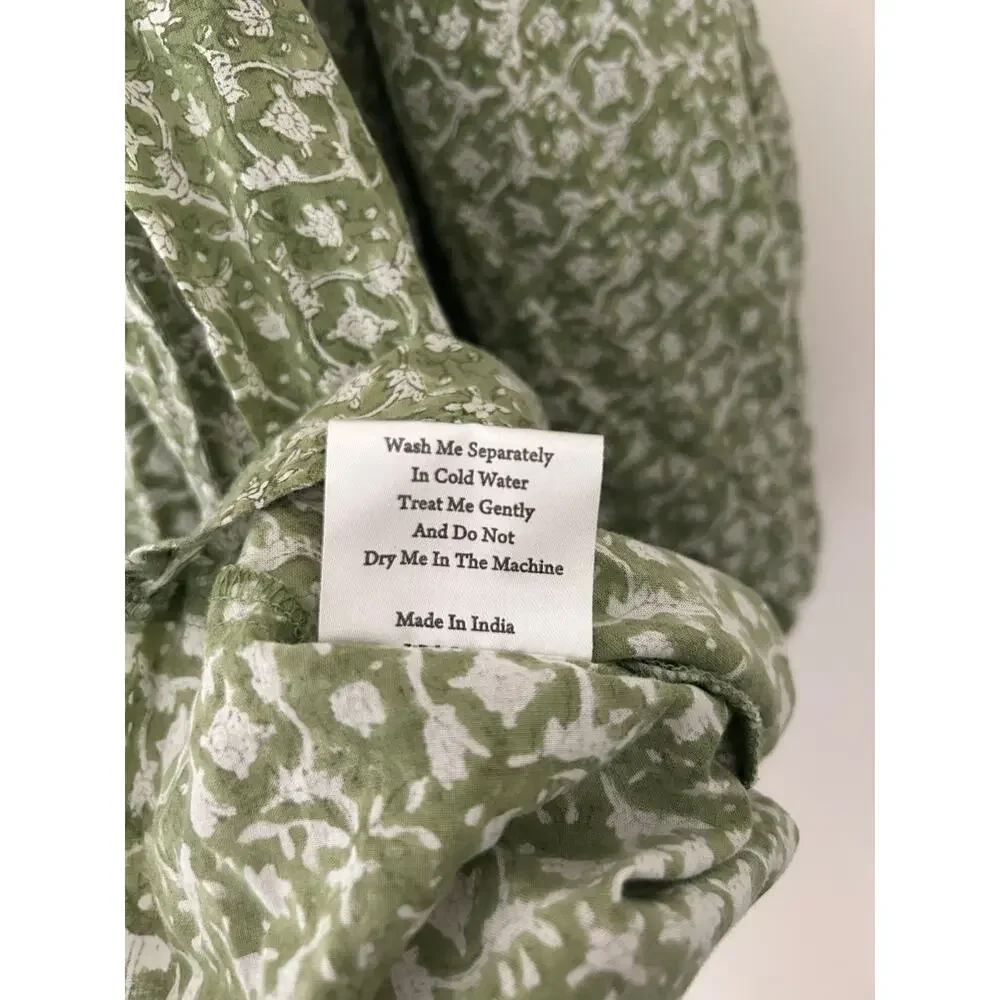 Mille Charlie Peasant Blouse Green Tie Front Cotton Green Block Print India XL - Picture 7 of 10